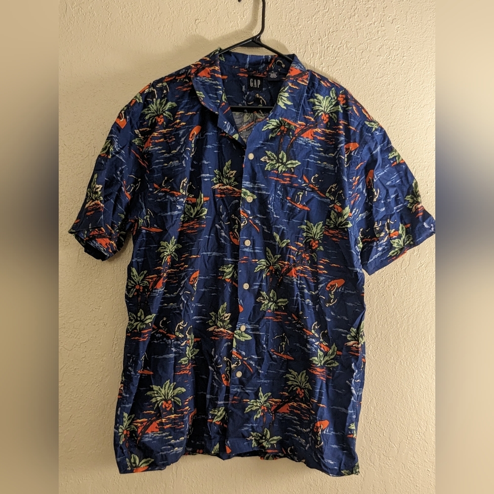 Gap vintage scenic Hawaiian Camp shirt XL surfers cotton blue palm trees